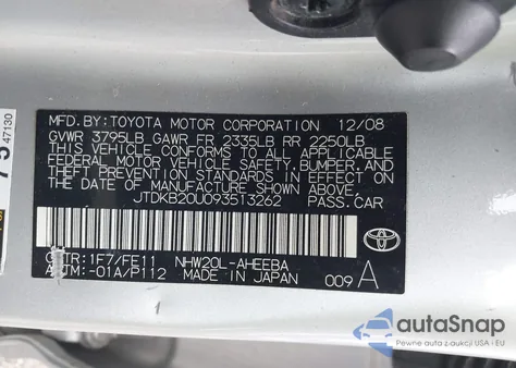 2009 Toyota Prius Standard из США, поврежденный, VIN JTDKB20U093513262